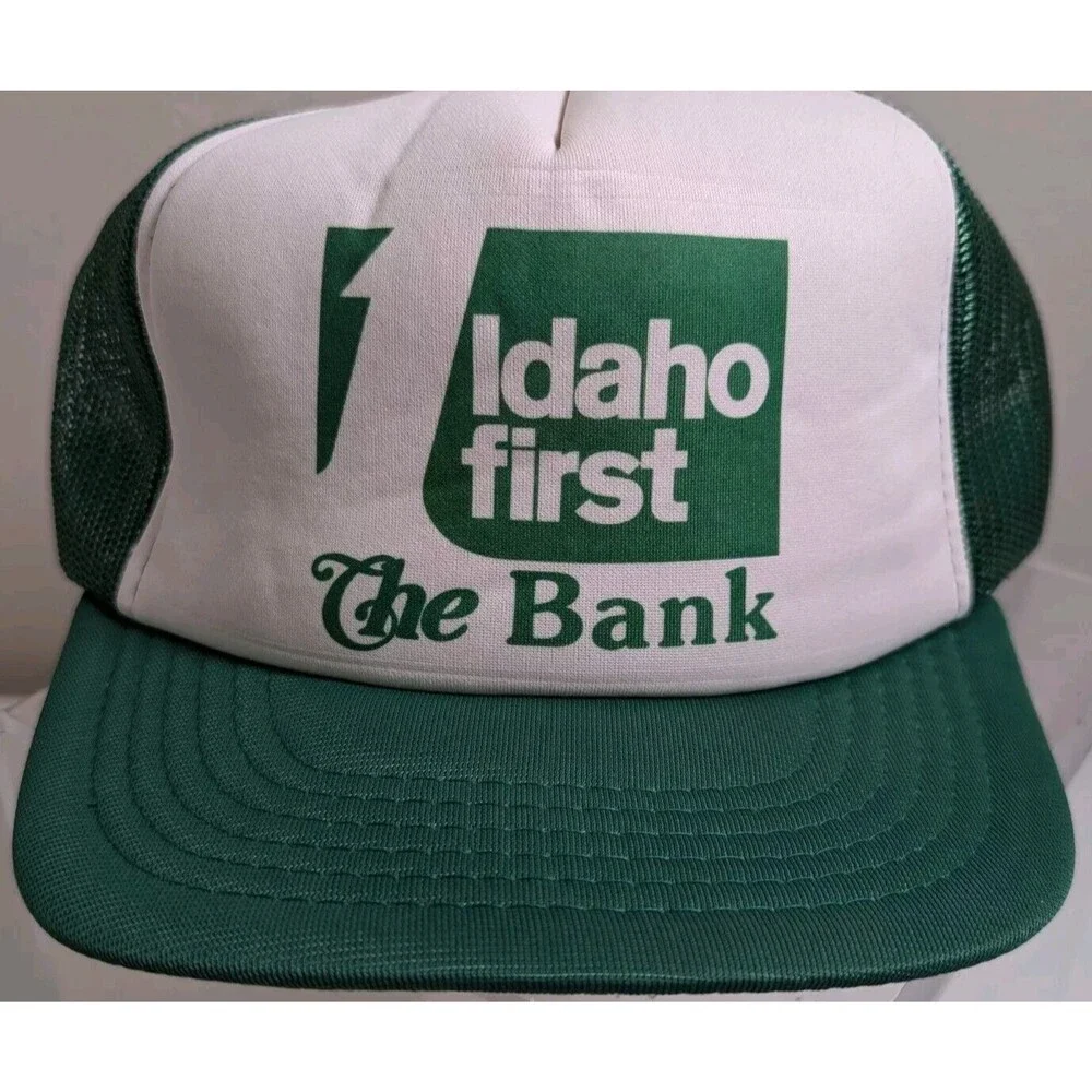 Vintage Idaho First The Bank Mesh Snapback Trucker Hat Sport Cap Green White